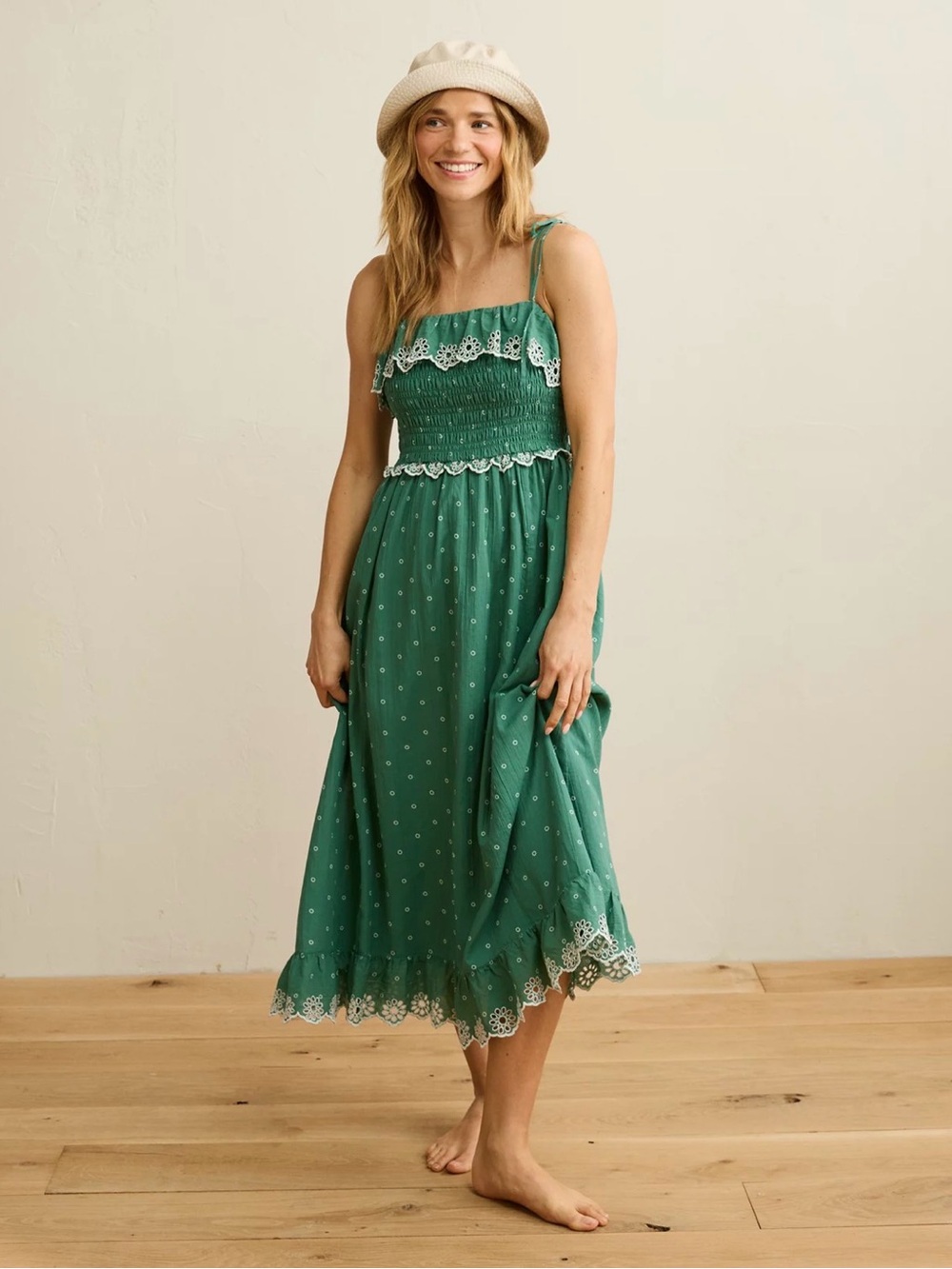 American Eagle Green Smocked Midi Dress with Lace Trim
